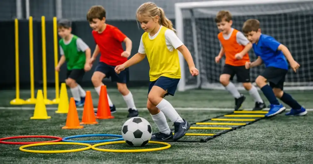 Enfant sur parcours d'agilité avec cônes et cerceaux