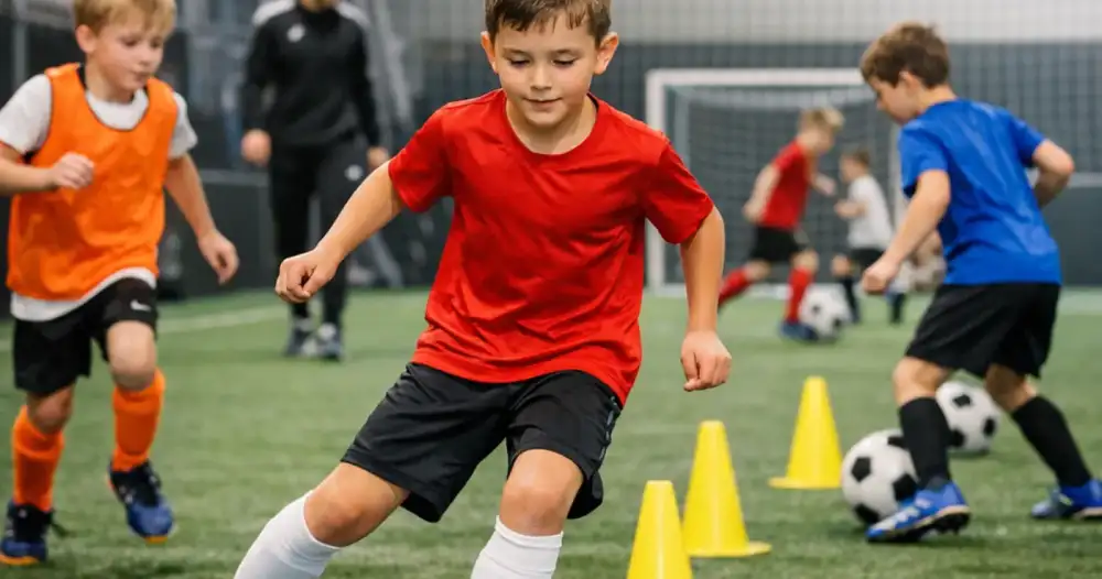 Enfant en entraînement de dribble avec cônes