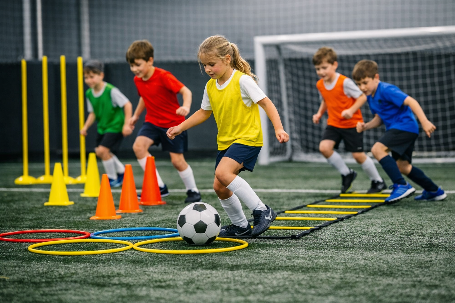 Enfant sur parcours d'agilité avec cônes et cerceaux