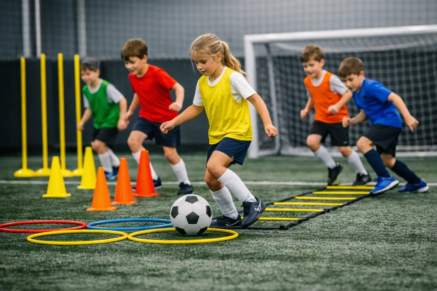 Enfant sur parcours d'agilité avec cônes et cerceaux